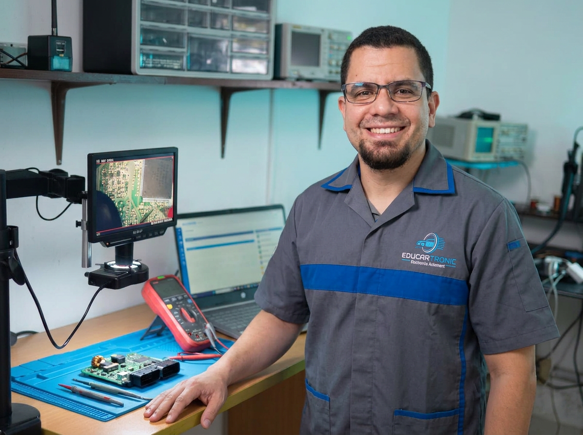 Dueño y técnico principal de EduCarTronic en su laboratorio de electrónica automotriz