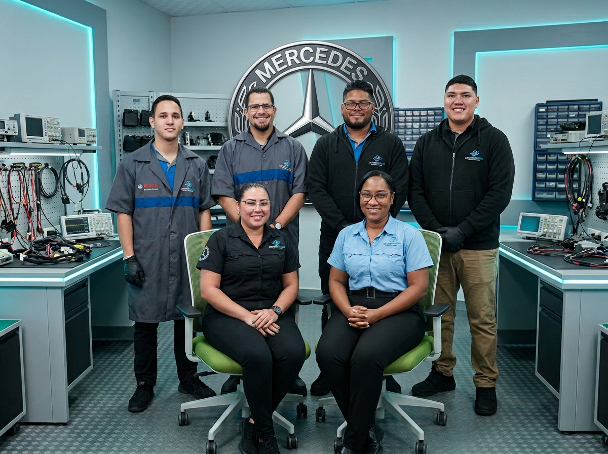 Equipo profesional de EduCarTronic en su laboratorio de electrónica automotriz